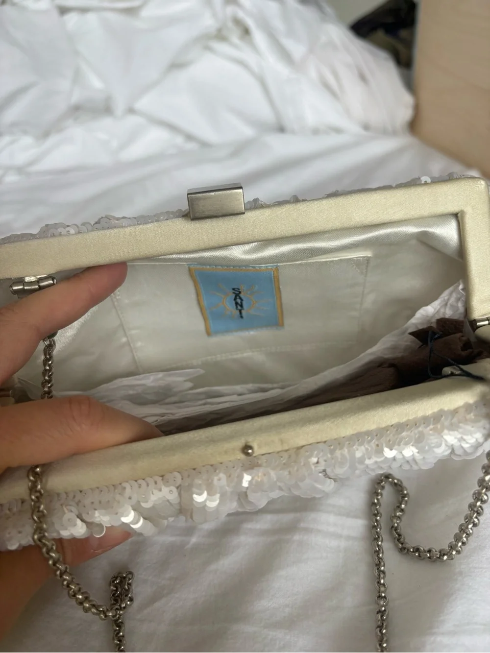 Sequin White Evening Clutch with Chain Strap